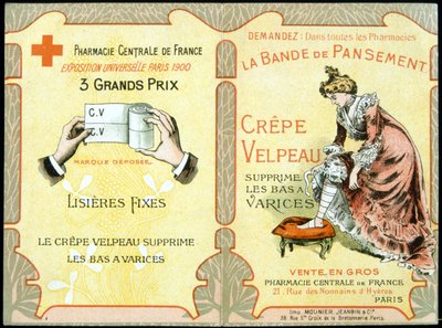 Cartolina pubblicitaria di "La benda Velpeau Crepe rimuove le calze varicose". Sd. XIX secolo da French School