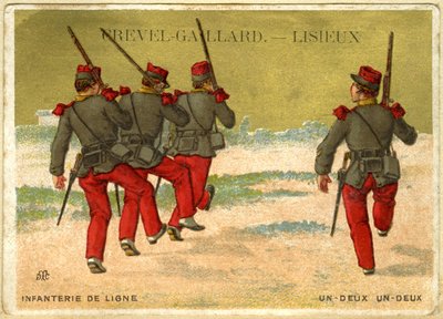 Cromolitografia pubblicitaria di Grevel-Gaillard, Lisieux, fanteria in linea, uno due, uno due da French School