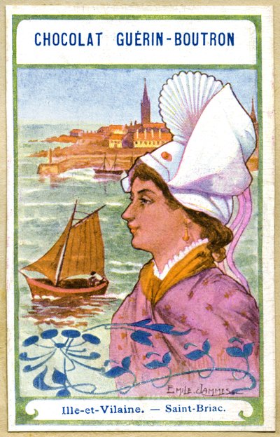 Cromolitografia pubblicitaria dei cioccolati Guerin Boutron, i copricapi delle regioni della Francia, Ille et Vilaine, Saint Briac, illustrazione di Emile Jammes da French School
