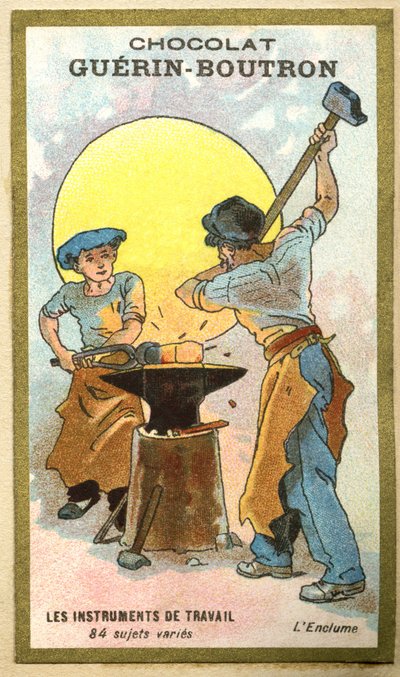 Cromolitografia pubblicitaria dei cioccolati Guerin Boutron, strumenti di lavoro, 84 soggetti vari, l