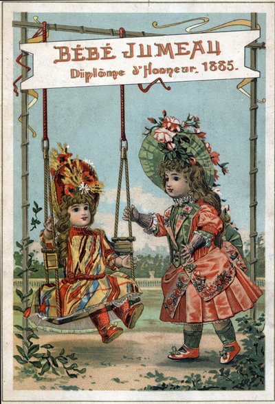Pubblicità per le bambole gemelle nel 1885 della Twin House. (Prima Fabbrica del Mondo per la fabbricazione di Beaux Bebes) da French School