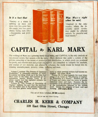 Pubblicità per la vendita del libro di Karl Marx "Il Capitale" in una rivista americana da French School