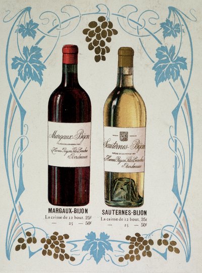 Pubblicità per la vendita di vino Margaux-Bijon e Sauternes-Bijon, 25frs per 12 bottiglie, 50frs per 25 da French School