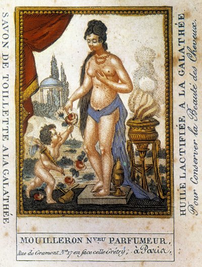 Etichetta pubblicitaria per olio lattificato galathy "per preservare la bellezza dei capelli" Profumiere Mouilleron da French School