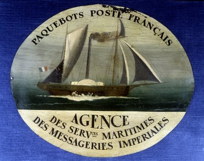 Insegna pubblicitaria per il transatlantico francese, agenzia dei servizi marittimi dei corrieri imperiali - pittura su legno, fine XIX secolo da French School