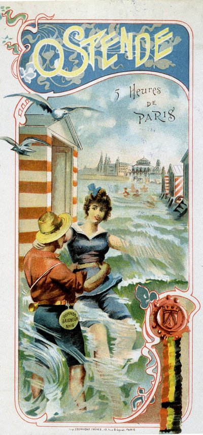 Pubblicità per arrivare a Ostenda (Belgio) da Parigi: Ostenda: 5 ore da Parigi, c.1900 (cromolitografia) da French School