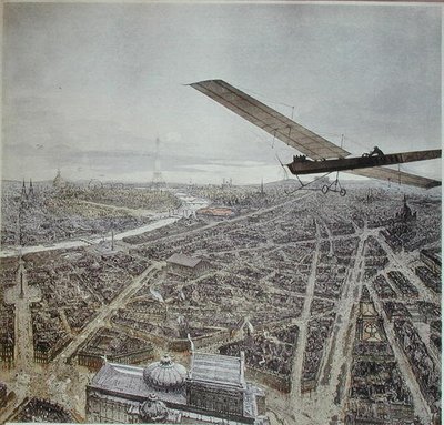 Aeroplano che vola su Parigi, illustrazione per un calendario del 1911 da French School