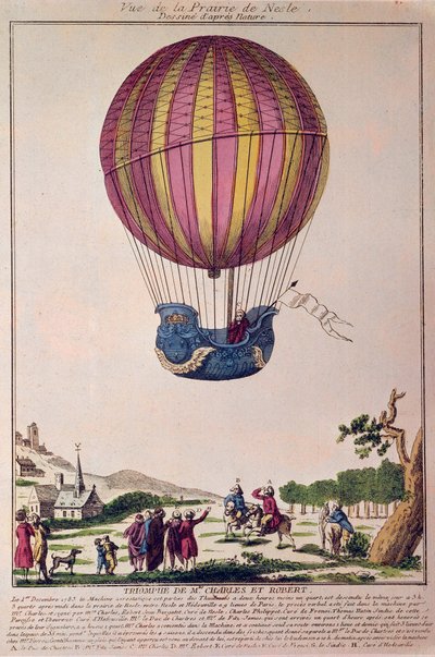 Aerostato: il secondo tentativo di volo su un pallone. Charles e Robert scendono sulla Prairie de Nesle, vicino a Parigi, dopo un viaggio su un pallone a gas idrogeno il 01/12/1783. Incisione del XVIII secolo da French School