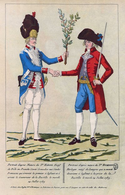 Ritratto dal vero di Sieur Harne, Granatiere e Sieur Humbert, orologiaio. Furono i primi uomini ad essere attaccati durante la presa della Bastiglia il 14 luglio 1789. Incisione del 1790 da French School