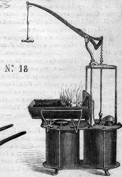 Macchina agricola: una doppia forgia a pistone presentata al concorso agricolo di Parigi nel 1860. Incisione in "Le Monde Illustré" n°172 del 28 luglio 1860. da French School