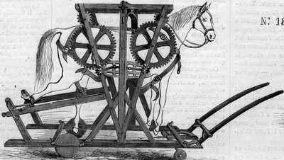 Macchina agricola: un dispositivo di sospensione (o lavoro portatile) utilizzato per immobilizzare cavalli o bovini prima di trattarli. Macchina presentata al concorso agricolo di Parigi nel 1860. Incisione in "Le Monde Illustré" n°172 del 28 luglio 1860 da French School