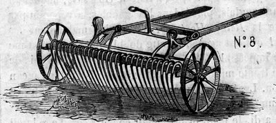 Macchina agricola: un rastrello a cavallo inglese presentato al concorso agricolo di Parigi nel 1860. Incisione in "Le Monde Illustré" n°169 del 7 luglio 1860. da French School