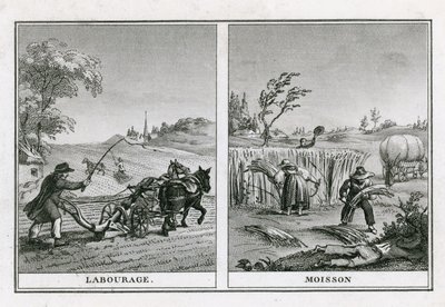 Scene agricole di aratura e raccolta da French School