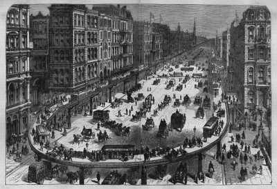 Ferrovie aeree in una città degli Stati Uniti. Incisione del 1880 in "La republique illustree" collezione privata. da French School