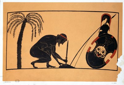 Aiace si prepara a suicidarsi, illustrazione di un vaso greco antico (litografia a colori) da French School