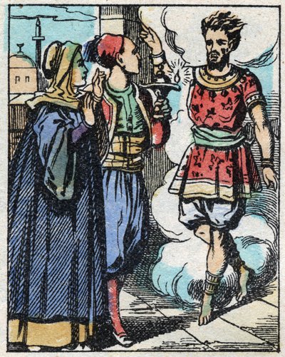 Aladino e sua madre strofinano la lampada magica e fanno apparire il genio. Incisione del racconto delle Mille e una notte 