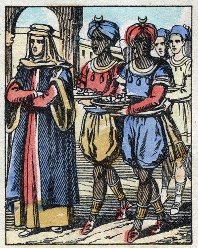 Aladino manda di nuovo sua madre scortata da schiavi che portano doni per proporre alla figlia del Sultano. Incisione del racconto delle Mille e una notte "Aladino e la lampada meravigliosa". Immagine di Epinal, fine XIX secolo. Collezione privata. da French School