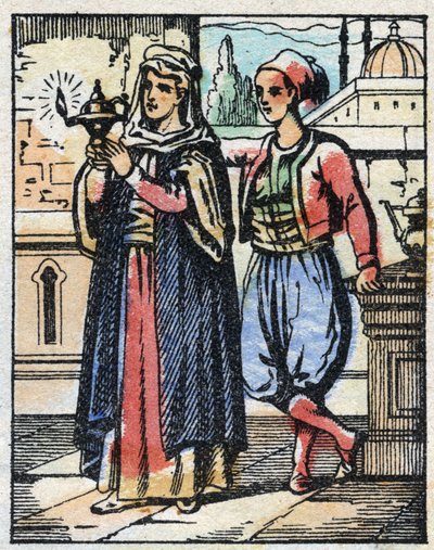 Aladino porta la lampada magica a sua madre. Incisione del racconto delle Mille e una notte "Aladino e la lampada meravigliosa". Immagine di Épinal, fine XIX secolo. Collezione privata da French School