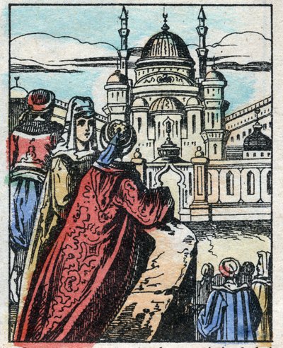 Aladino desidera che il Genio costruisca un sontuoso palazzo di fronte al palazzo del Sultano. Incisione del racconto Mille e una notte "Aladino e la lampada meravigliosa". Immagine di Epinal, fine XIX secolo. Collezione privata da French School