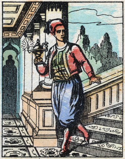 Aladino con la lampada magica non trova più la sua strada. Incisione del racconto delle Mille e una notte "Aladino e la lampada meravigliosa". Immagine di Épinal, fine XIX secolo. Collezione privata da French School