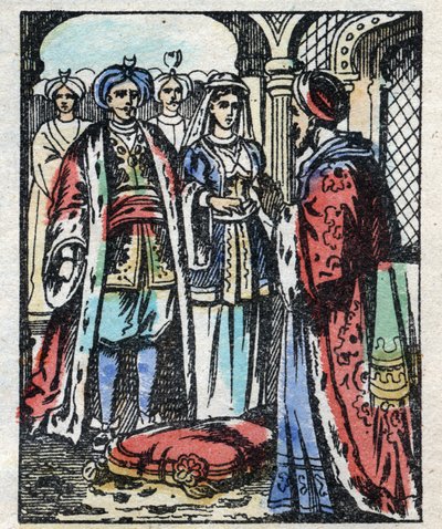 Il matrimonio di Aladino con la figlia del Sultano. Incisione del racconto Mille e una notte "Aladino e la lampada meravigliosa". Immagine di Epinal, fine XIX secolo. Collezione privata da French School