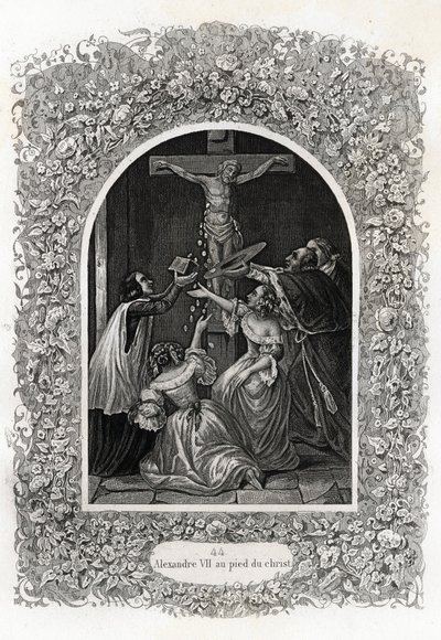 Alessandro VII (Alessandro) (Papa dal 1655 al 1667) ai piedi di Cristo. Incisione per illustrare Histoire des popes di Maurice Lachatre (1814-1900), libreria del progresso, Parigi da French School