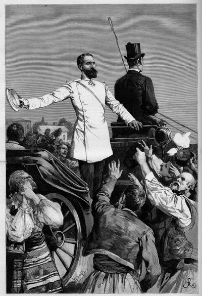 Alessandro di Battenberg - Principe Alessandro I dopo la sua abdicazione acclamato dal popolo quando lasciò Sofia. Incisione in 