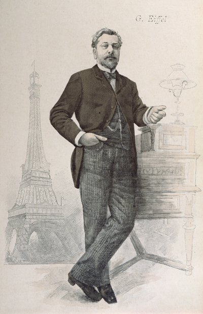 Alexandre Gustave Eiffel che posa alla sua scrivania con un disegno della Torre Eiffel, illustrazione da La Revue Illustrée, 1888 da French School