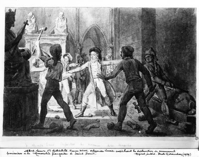 Alexandre Lenoir (1761-1839) si oppone alla distruzione delle tombe reali della monarchia francese nella Chiesa di Saint-Denis, 1793 da French School