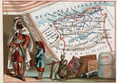 Algeria in Africa e la Provincia di Orano, Francia. Serie sui Dipartimenti Francesi. Importazione di fichi, cotone, tabacco, agata e piombo. Cromolitografia 