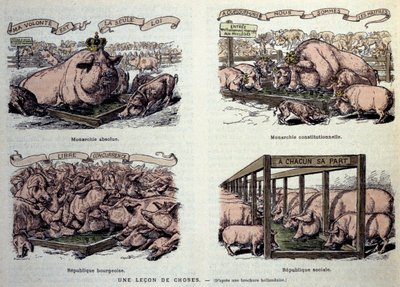 Allegorie dei diversi tipi di governo: la monarchia assoluta, rappresentando un maiale ben nutrito e corone 