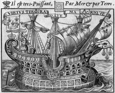 Allegoria del potere francese: "La nave dello Stato", simbolo della Francia, ricorda anche le armi della città di Parigi. Estratto dal "Livre des monnoyes etrangeres ou le grand banker de France" (1687) di Francois Barreme (1638-1703), matematico francese da French School
