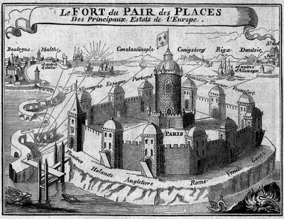 Allegoria delle relazioni tra le principali città commerciali del mondo: Parigi è una fortezza protetta da bastioni, ognuno dei quali rappresenta un paese o una capitale d