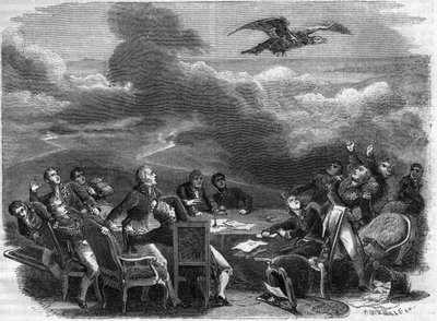 Allegoria della fine del Congresso di Vienna nel 1815 - straordinaria agitazione dei diplomatici che apprendono lo sbarco di Napoleone - in "History of the empire following the history of the consulate" di Adolphe Thiers - 1879 - collezione privata da French School