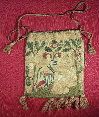 Borsa delle elemosine raffigurante il ritorno di un cacciatore (seta ricamata) da French School