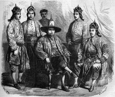 Ambasciatori del Siam (Thailandia) durante la loro visita a Parigi nel 1858. Incisione in "Le Monde Illustré" n.49 del 20 marzo 1858 da French School