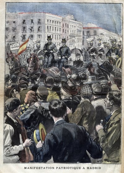 Guerra ispano-americana (o Disastro del 1898) - dimostrazione patriottica a Madrid nel 1898 alla presenza della regina Maria Cristina di Spagna (1858-1929) - incisione in 