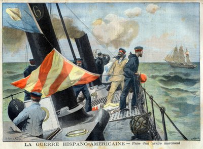 Guerra ispano-americana (o Disastro del 98) - La guerra ispano-americana: cattura di una nave mercantile. La guerra ispano-americana - Cattura di una nave mercantile. Illustrazione per Le petit Journal da French School