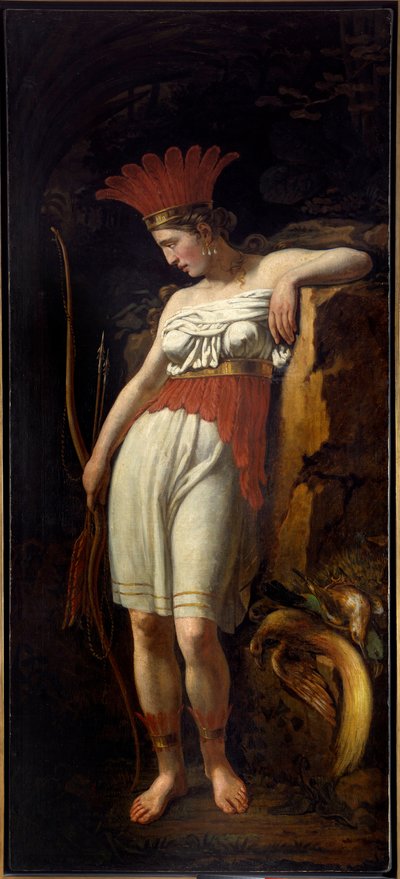 Allegoria del Nuovo Mondo come una giovane donna indiana con piume e arco e frecce da French School