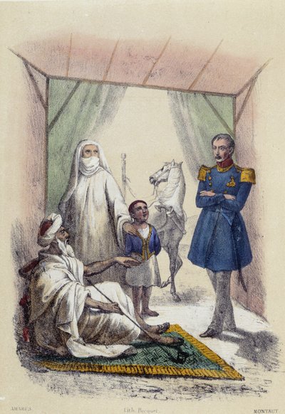 Una famiglia araba visitata da un soldato; illustrazione per Paesi arabi, - in "Le dodici Nazioni" di M.E Fouinet da French School