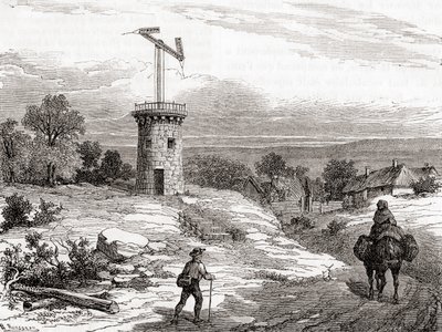 Un palo telegrafico aereo nel XVIII secolo, da Les Merveilles de la Science, pubblicato c.1870 da French School