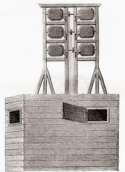 Un sistema telegrafico aereo utilizzato in Inghilterra nel XVIII secolo, da Les Merveilles de la Science, pubblicato c.1870 da French School