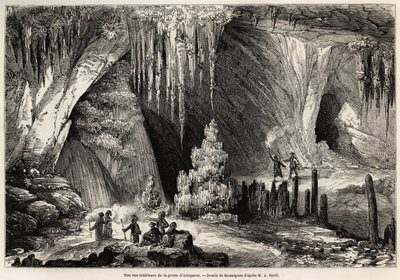 Una vista interna della grotta di Antiparos, isola delle Cicladi, disegno di Emile Rouargue (circa 1895-1865), per illustrare la visita alla grotta di Antiparos, nel 1859, di E.A.Spoll. Incisione in "Le tour du monde" 1861. Collezione di Selva. da French School
