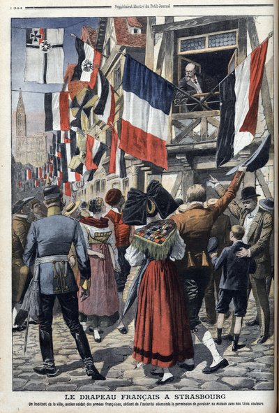 Un vecchio soldato francese nella Strasburgo occupata dai tedeschi è autorizzato a esporre la bandiera francese - "Le Petit Journal" 20 settembre 1908 (incisione) da French School
