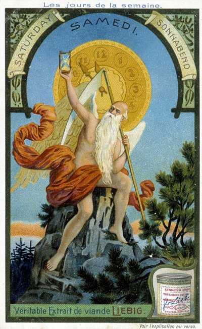 Divinità antica che tiene una clessidra come simbolo del tempo che passa per illustrare il sabato. Carta pubblicitaria cromolitografica Liebig da French School
