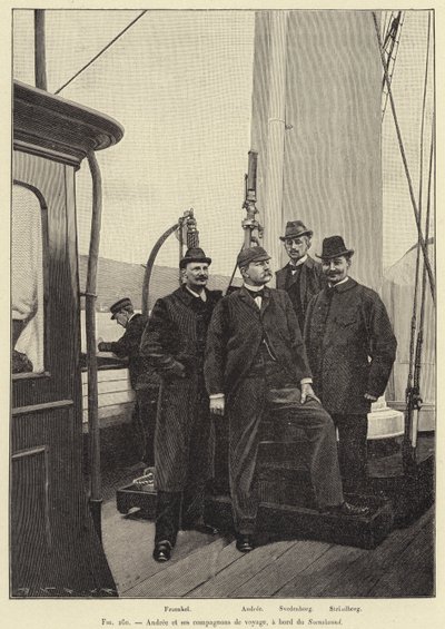 Andree e i suoi compagni di viaggio, a bordo del Svensksund (incisione) da French School