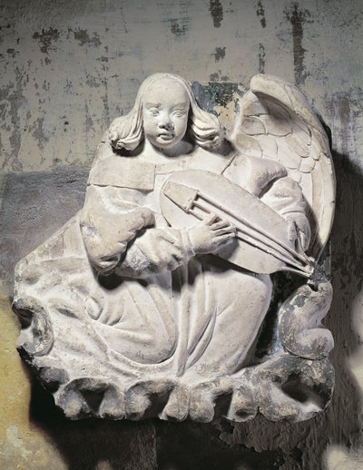Angelo musicista che suona uno strumento a corda (bassorilievo) da French School