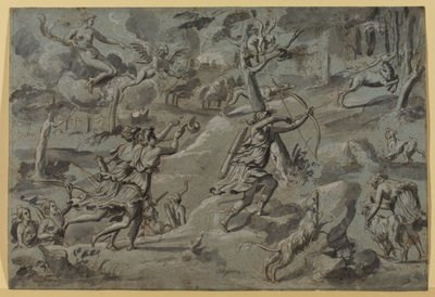 Anonimo dopo il Maestro degli Arazzi di Diana, Diana, a caccia con le sue compagne, mirata da Amore arciere, c. 1590-1600 da French School