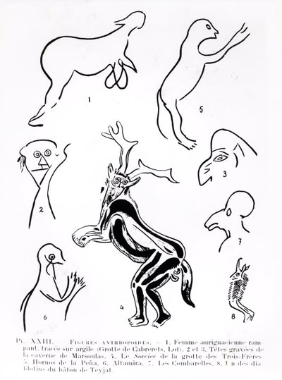 Figure antropoidi in grotte preistoriche, da Les Artistes Prehistoriques di Morin-Jean, 1933 da French School
