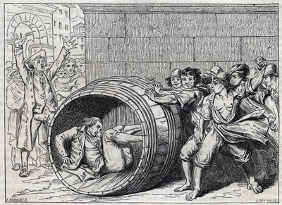 Persecuzione antisemita nel XVII secolo: un ebreo rotola in una botte dagli abitanti di Roma. Illustrazione di 